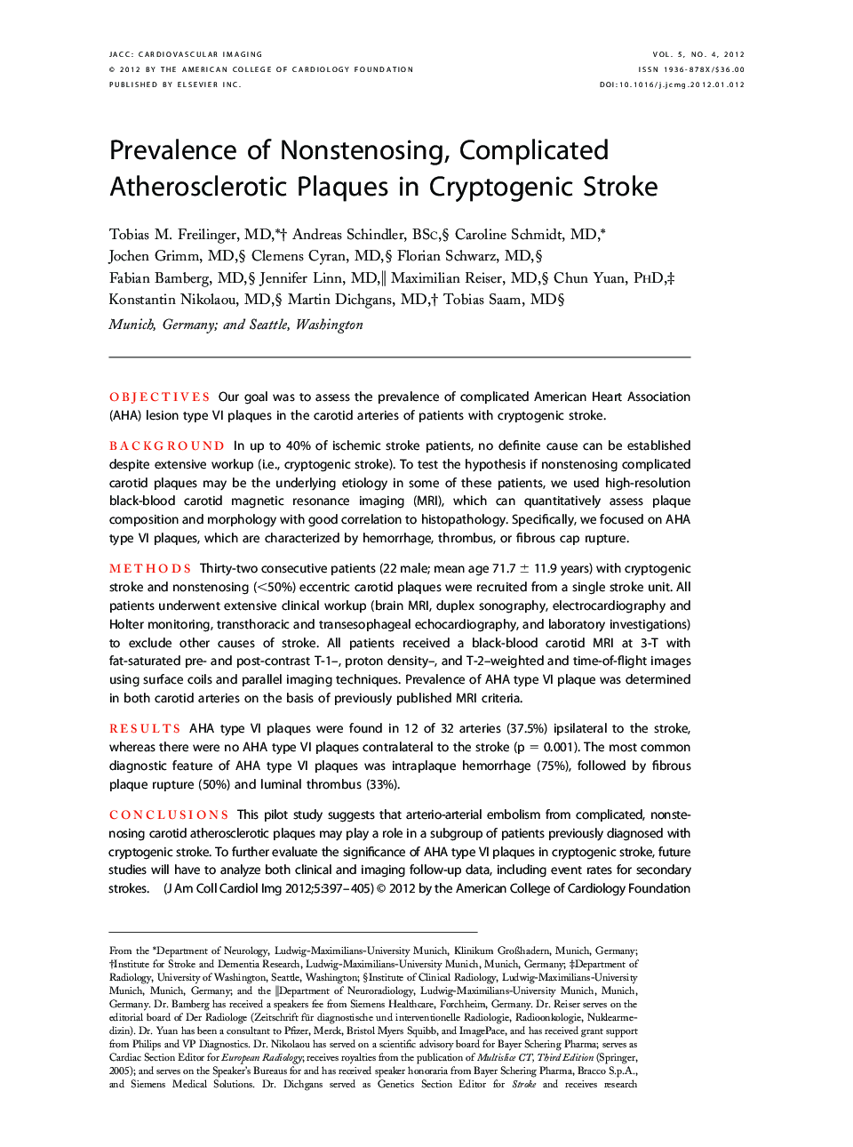 Prevalence of Nonstenosing, Complicated Atherosclerotic Plaques in Cryptogenic Stroke 