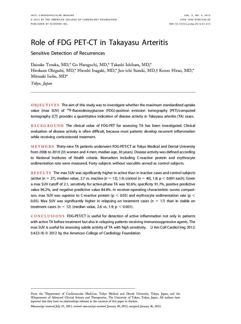 Role of FDG PET-CT in Takayasu Arteritis : Sensitive Detection of Recurrences