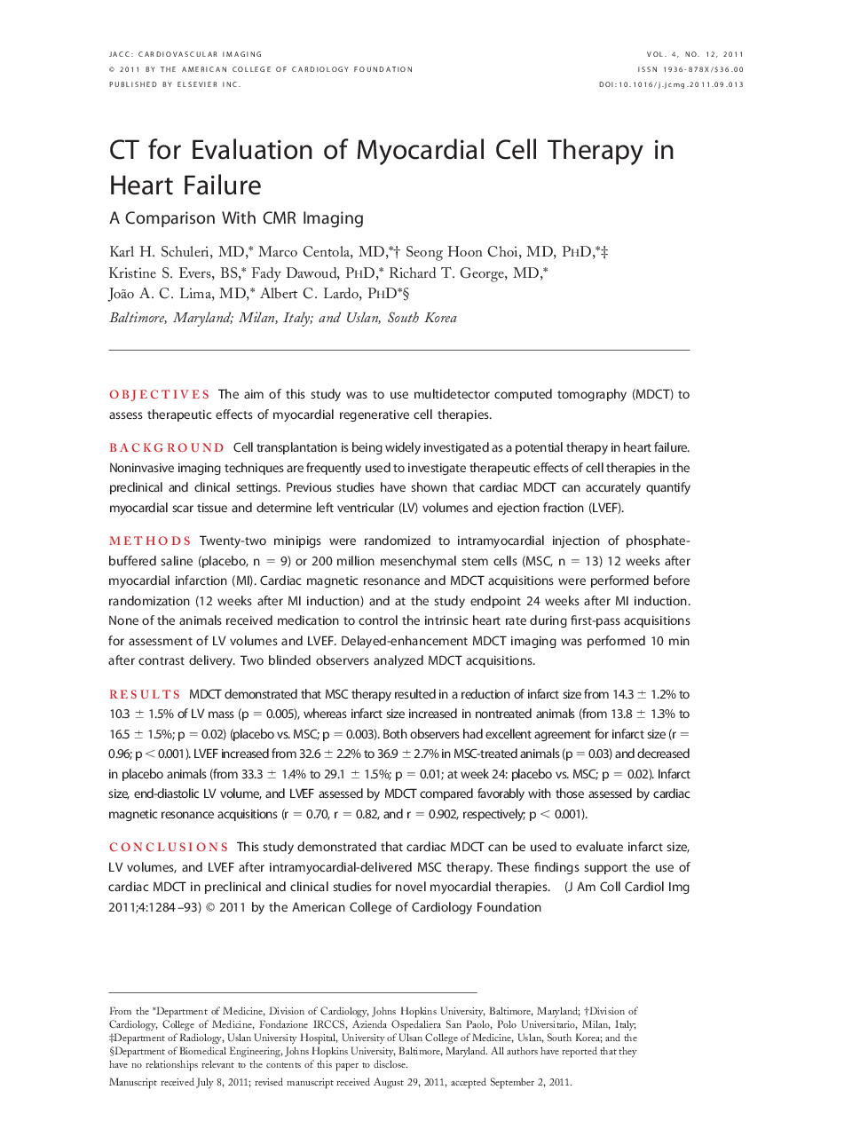 CT for Evaluation of Myocardial Cell Therapy in Heart Failure : A Comparison With CMR Imaging