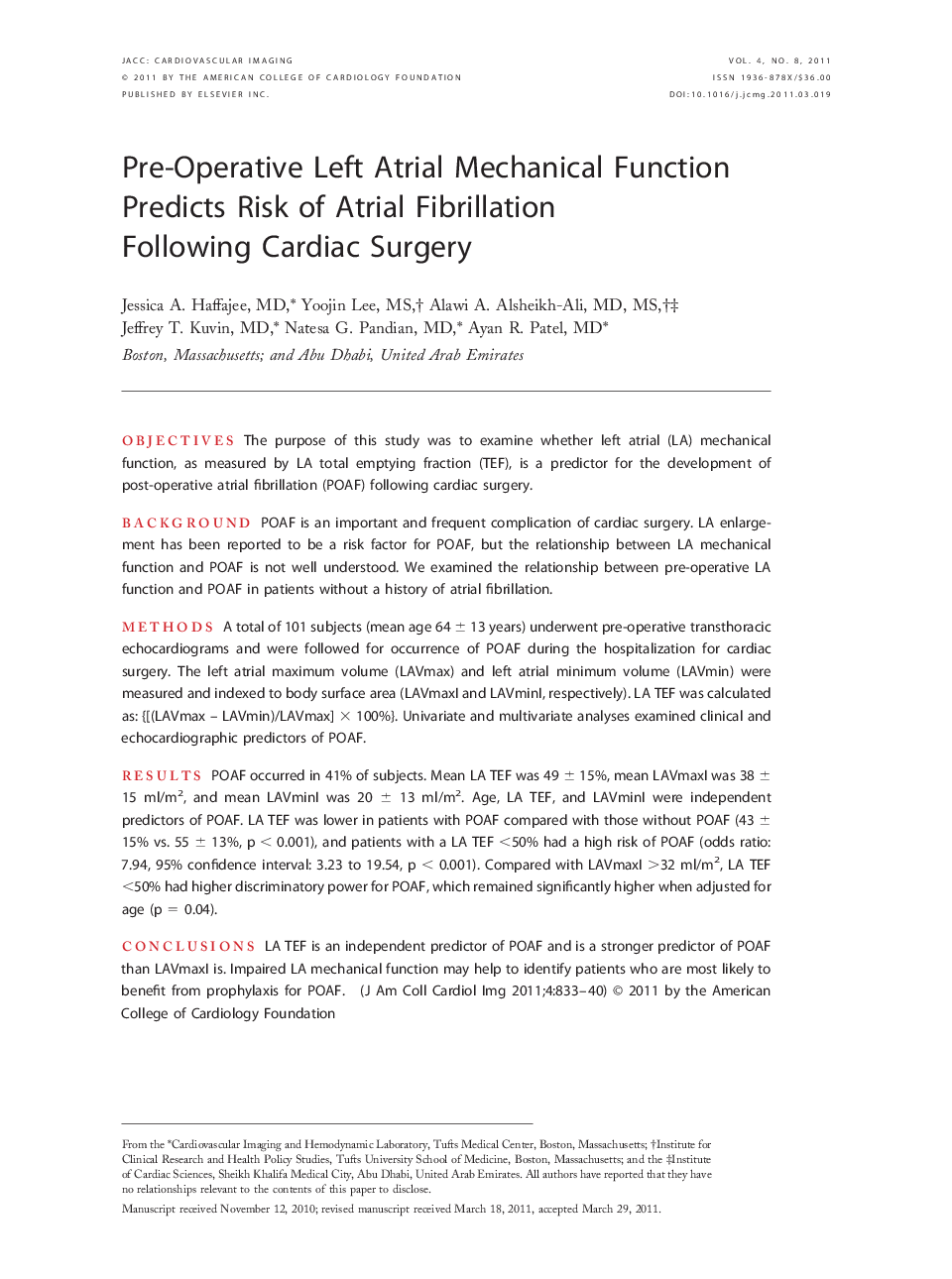 Pre-Operative Left Atrial Mechanical Function Predicts Risk of Atrial Fibrillation Following Cardiac Surgery 