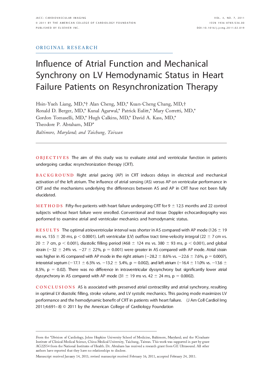 Influence of Atrial Function and Mechanical Synchrony on LV Hemodynamic Status in Heart Failure Patients on Resynchronization Therapy 