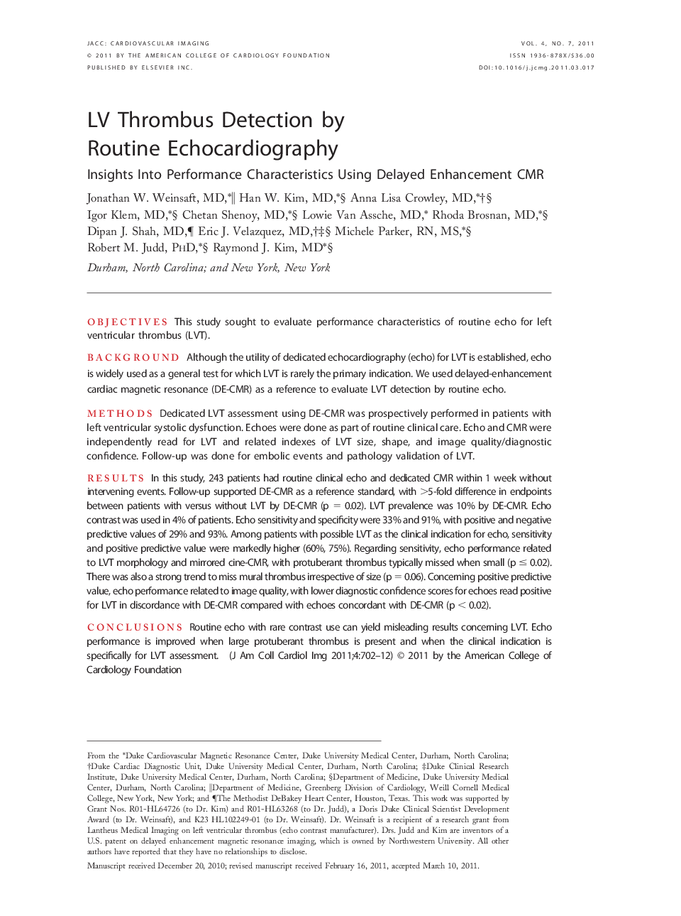 LV Thrombus Detection by Routine Echocardiography : Insights Into Performance Characteristics Using Delayed Enhancement CMR