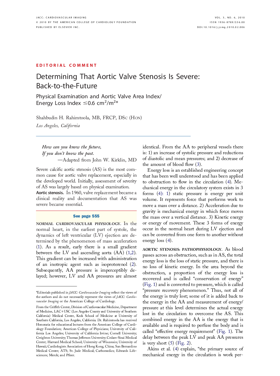 Determining That Aortic Valve Stenosis Is Severe: Back-to-the-Future