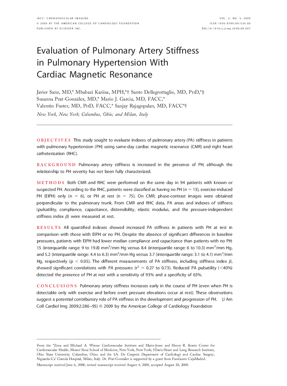 Evaluation of Pulmonary Artery Stiffness in Pulmonary Hypertension With Cardiac Magnetic Resonance 