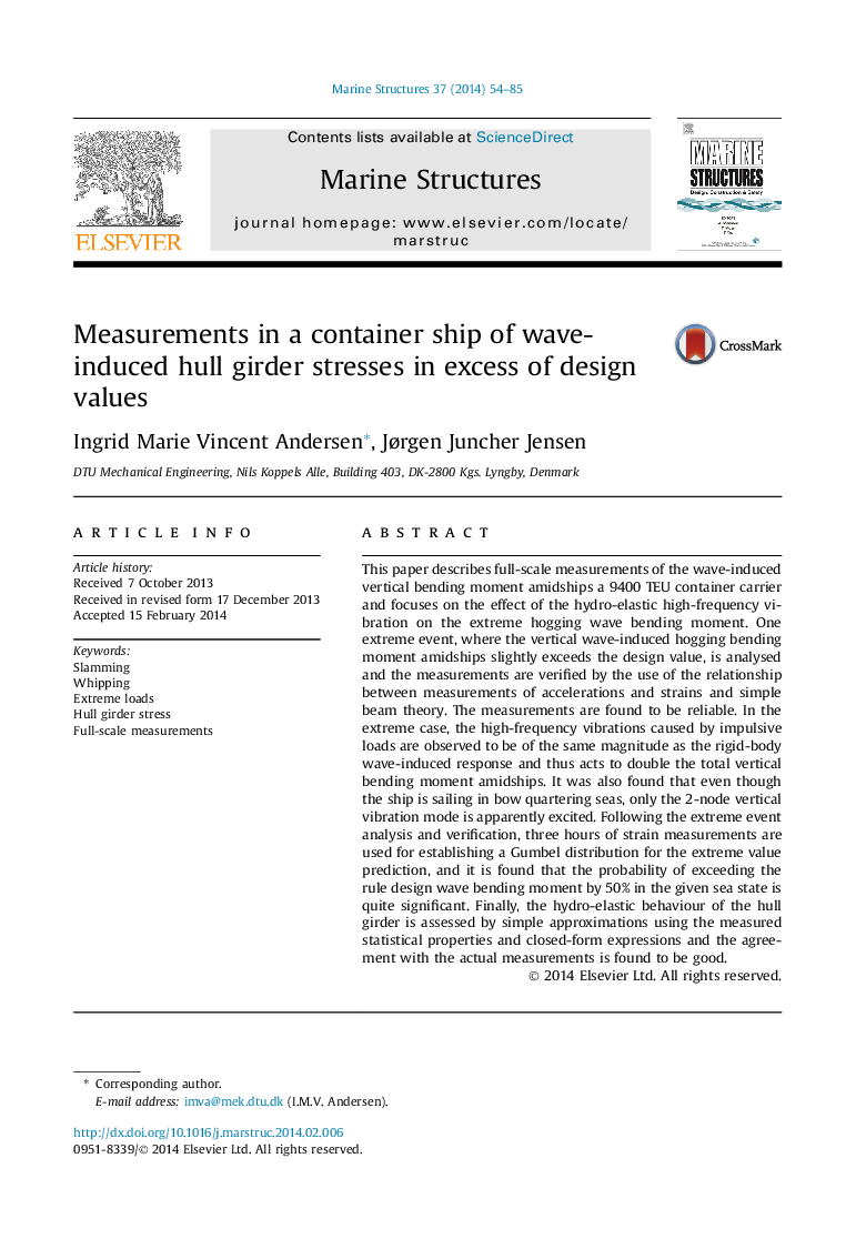 Measurements in a container ship of wave-induced hull girder stresses in excess of design values