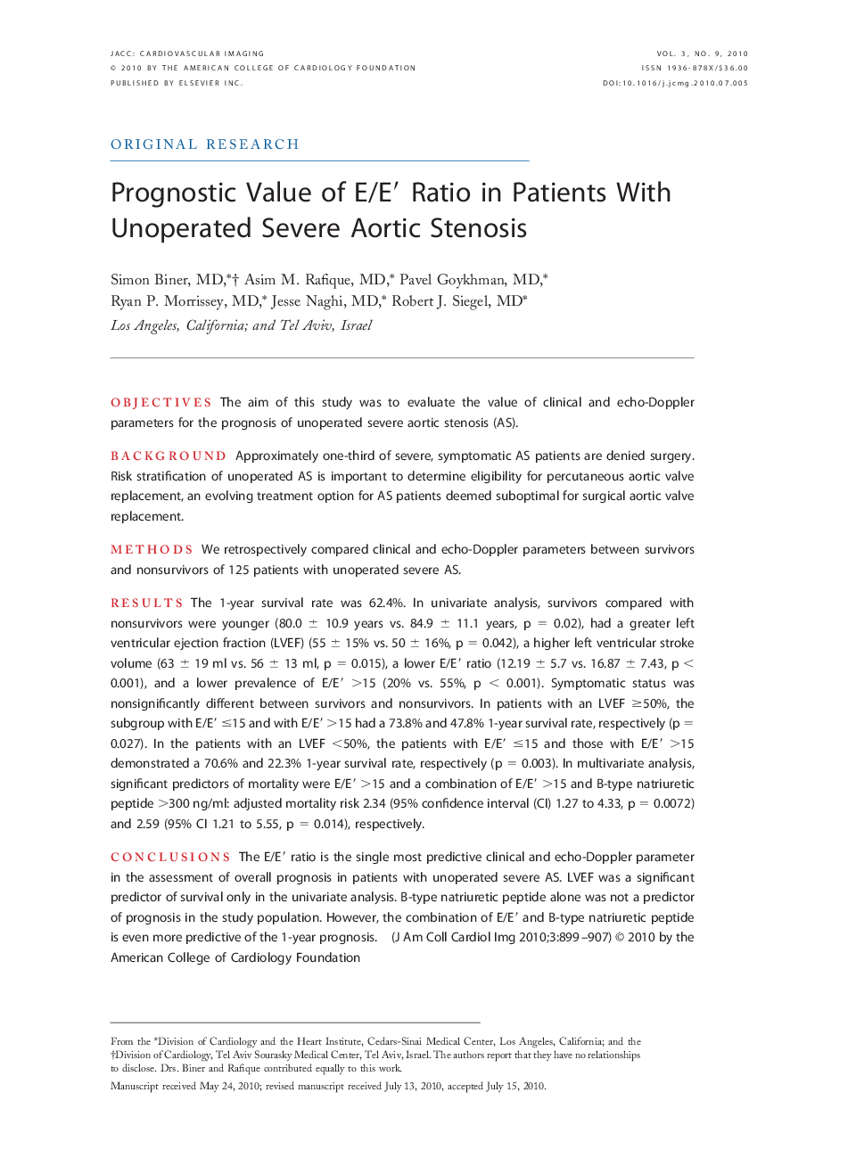 Prognostic Value of E/E′ Ratio in Patients With Unoperated Severe Aortic Stenosis 