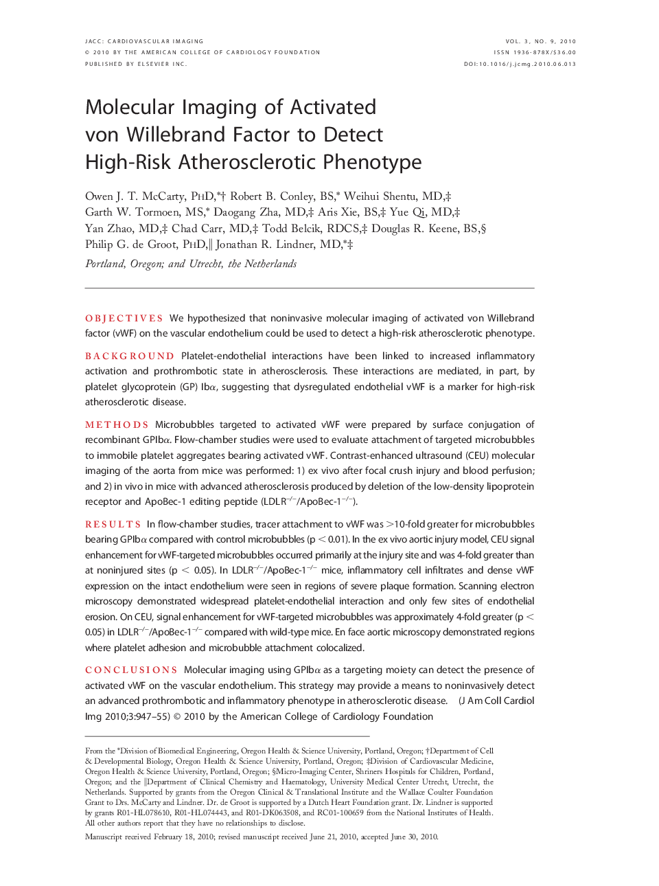 Molecular Imaging of Activated von Willebrand Factor to Detect High-Risk Atherosclerotic Phenotype 