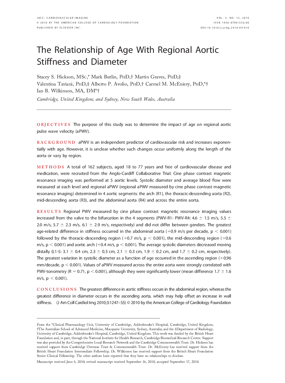 The Relationship of Age With Regional Aortic Stiffness and Diameter 