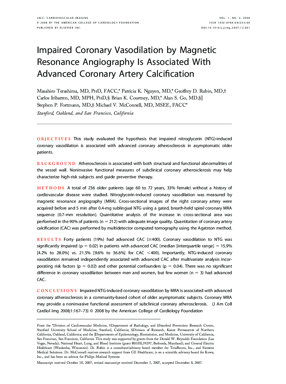 Impaired Coronary Vasodilation by Magnetic Resonance Angiography Is Associated With Advanced Coronary Artery Calcification 