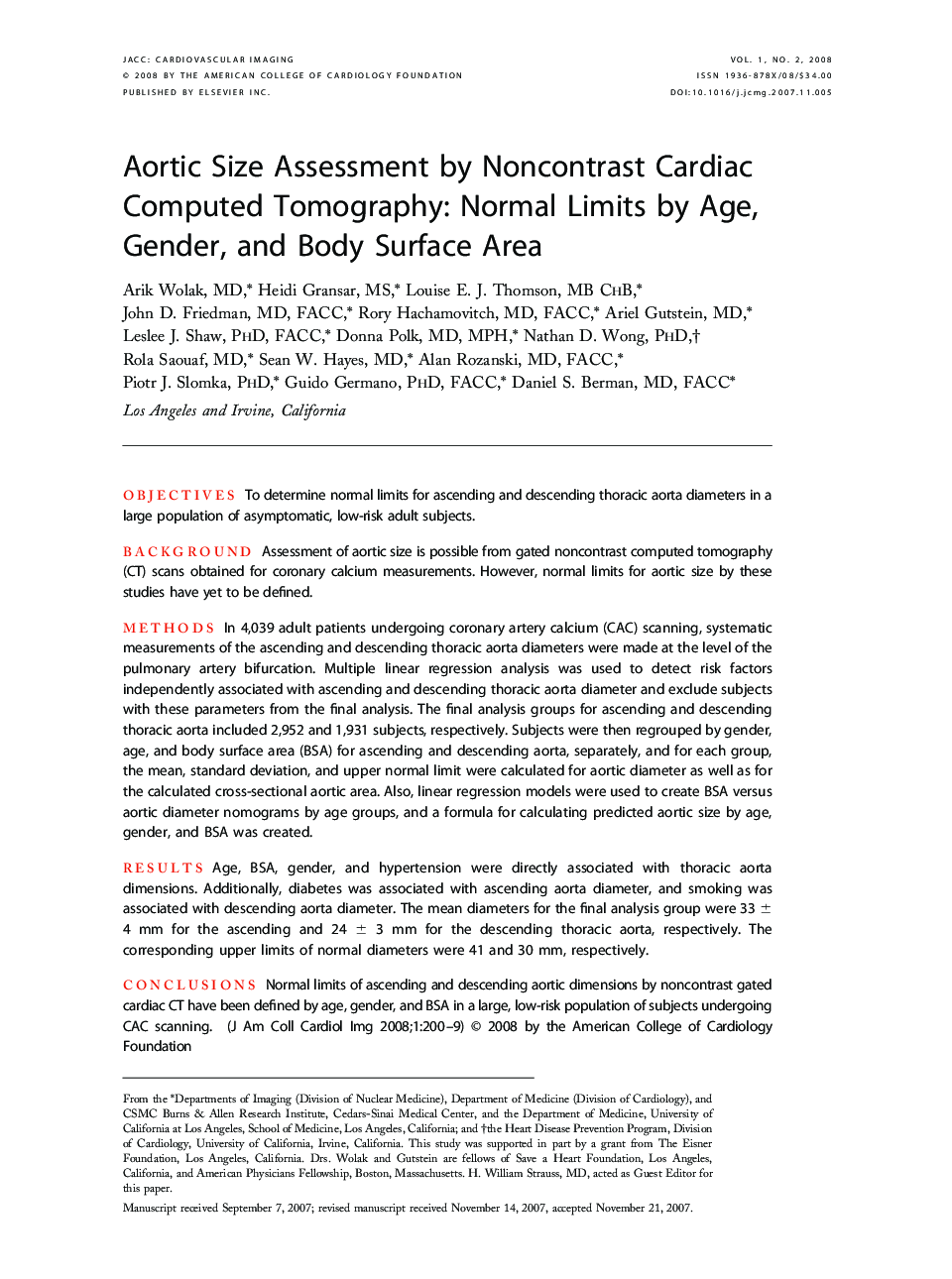 Aortic Size Assessment by Noncontrast Cardiac Computed Tomography: Normal Limits by Age, Gender, and Body Surface Area 