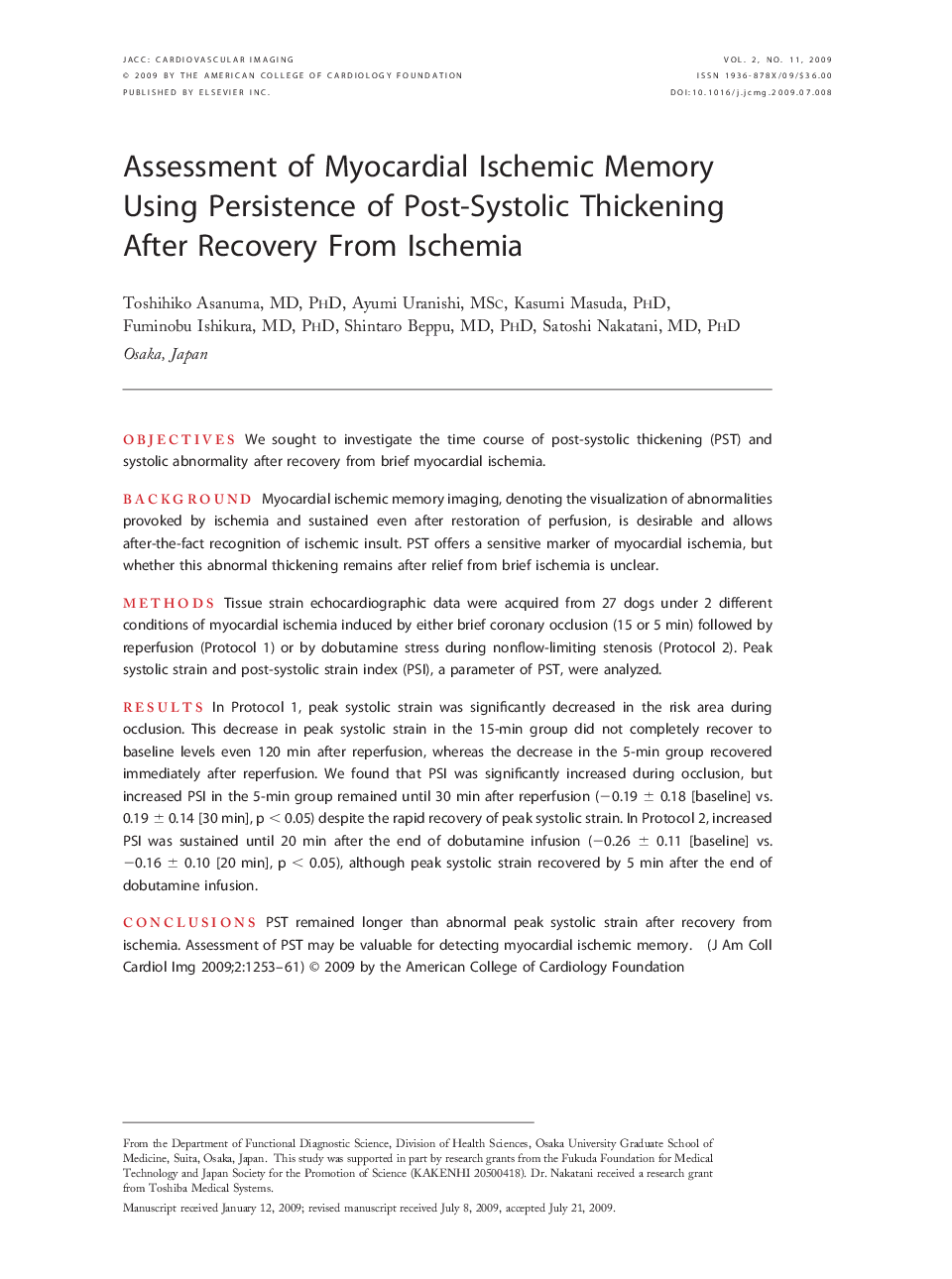 Assessment of Myocardial Ischemic Memory Using Persistence of Post-Systolic Thickening After Recovery From Ischemia 