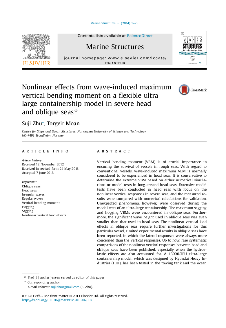 Nonlinear effects from wave-induced maximum vertical bending moment on a flexible ultra-large containership model in severe head and oblique seas 