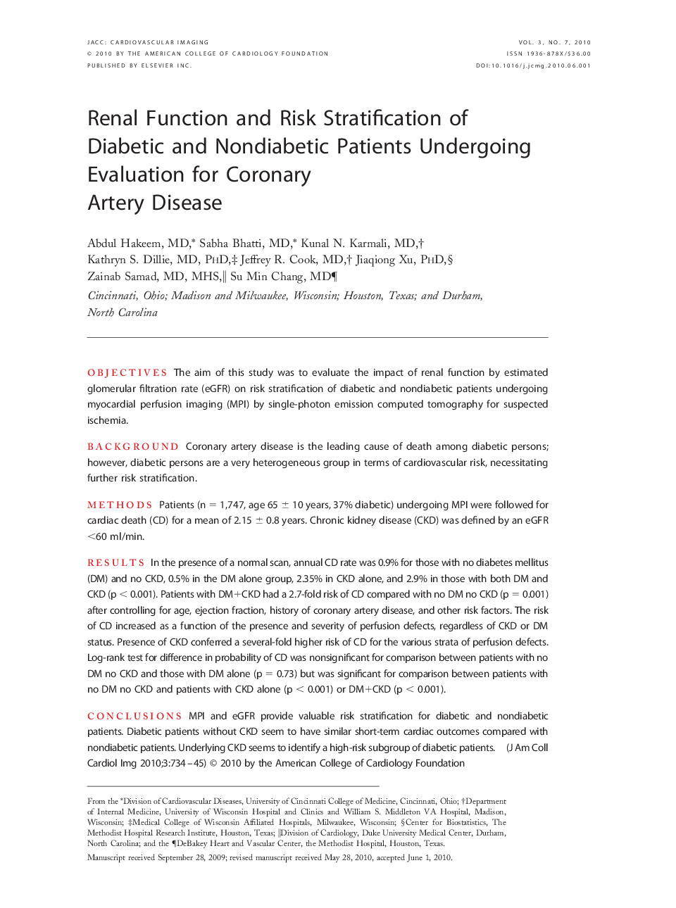 Renal Function and Risk Stratification of Diabetic and Nondiabetic Patients Undergoing Evaluation for Coronary Artery Disease