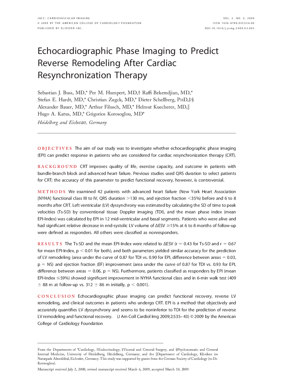 Echocardiographic Phase Imaging to Predict Reverse Remodeling After Cardiac Resynchronization Therapy 