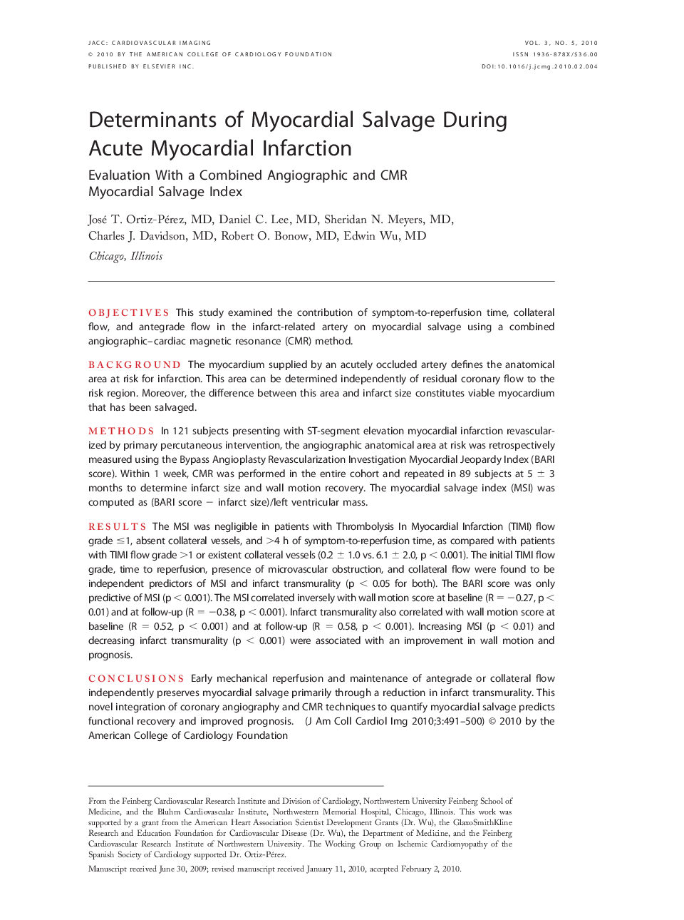 Determinants of Myocardial Salvage During Acute Myocardial Infarction : Evaluation With a Combined Angiographic and CMR Myocardial Salvage Index