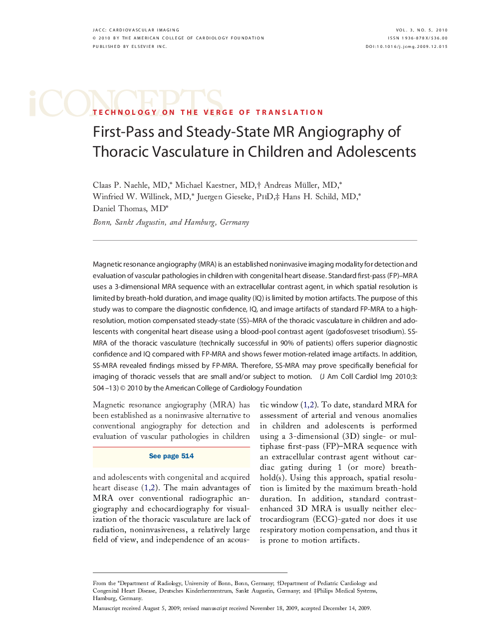 First-Pass and Steady-State MR Angiography of Thoracic Vasculature in Children and Adolescents