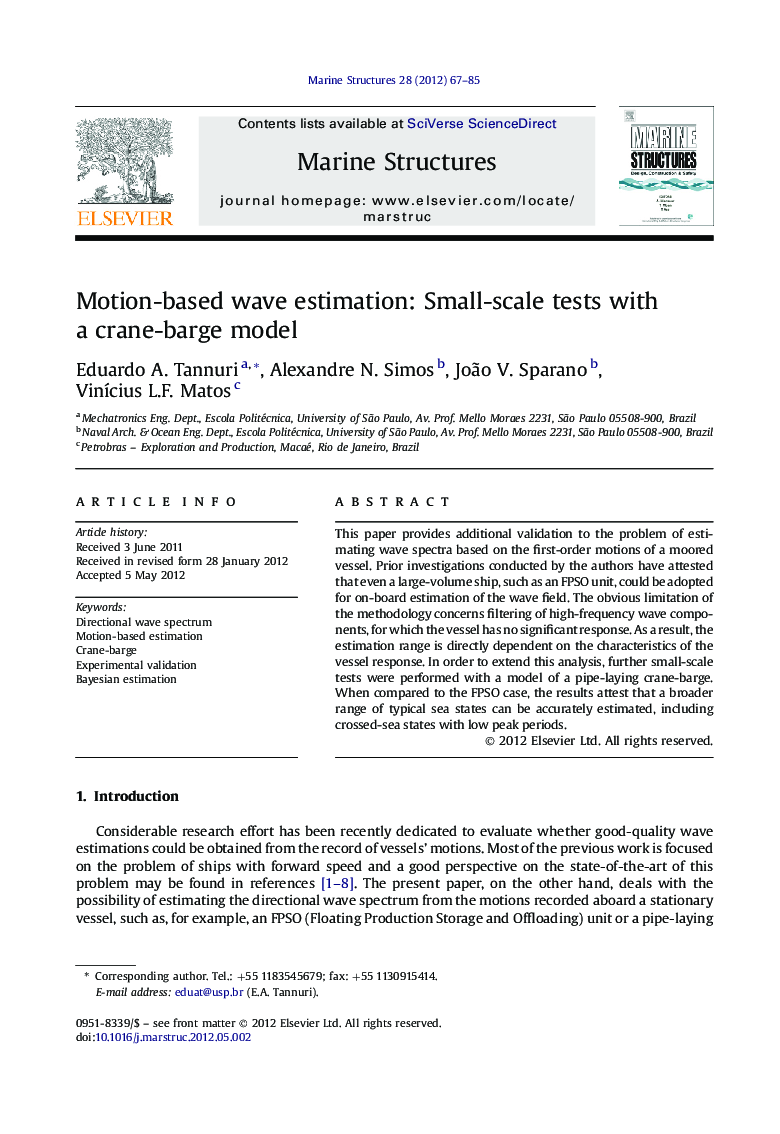 Motion-based wave estimation: Small-scale tests with a crane-barge model