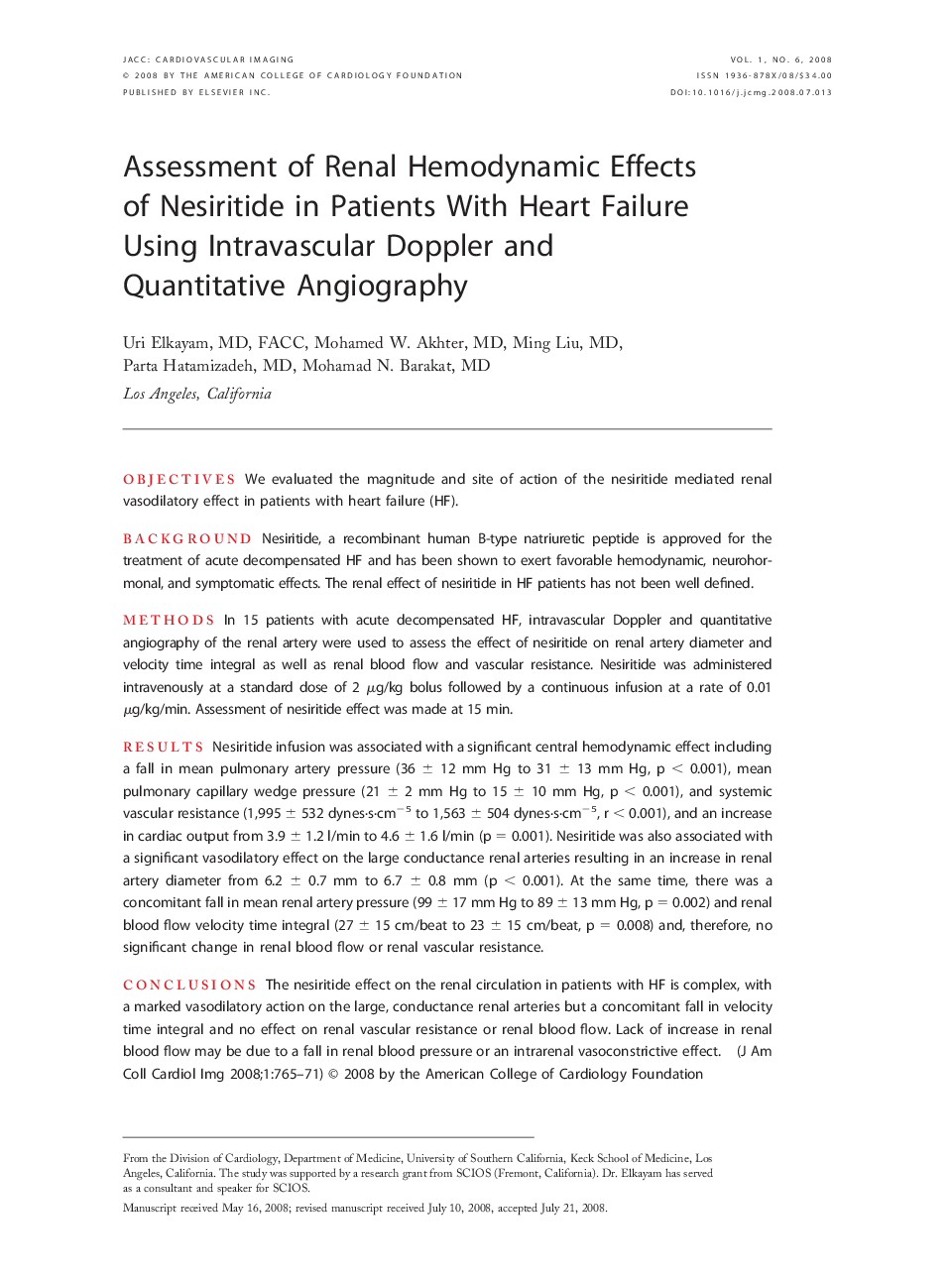 Assessment of Renal Hemodynamic Effects of Nesiritide in Patients With Heart Failure Using Intravascular Doppler and Quantitative Angiography 