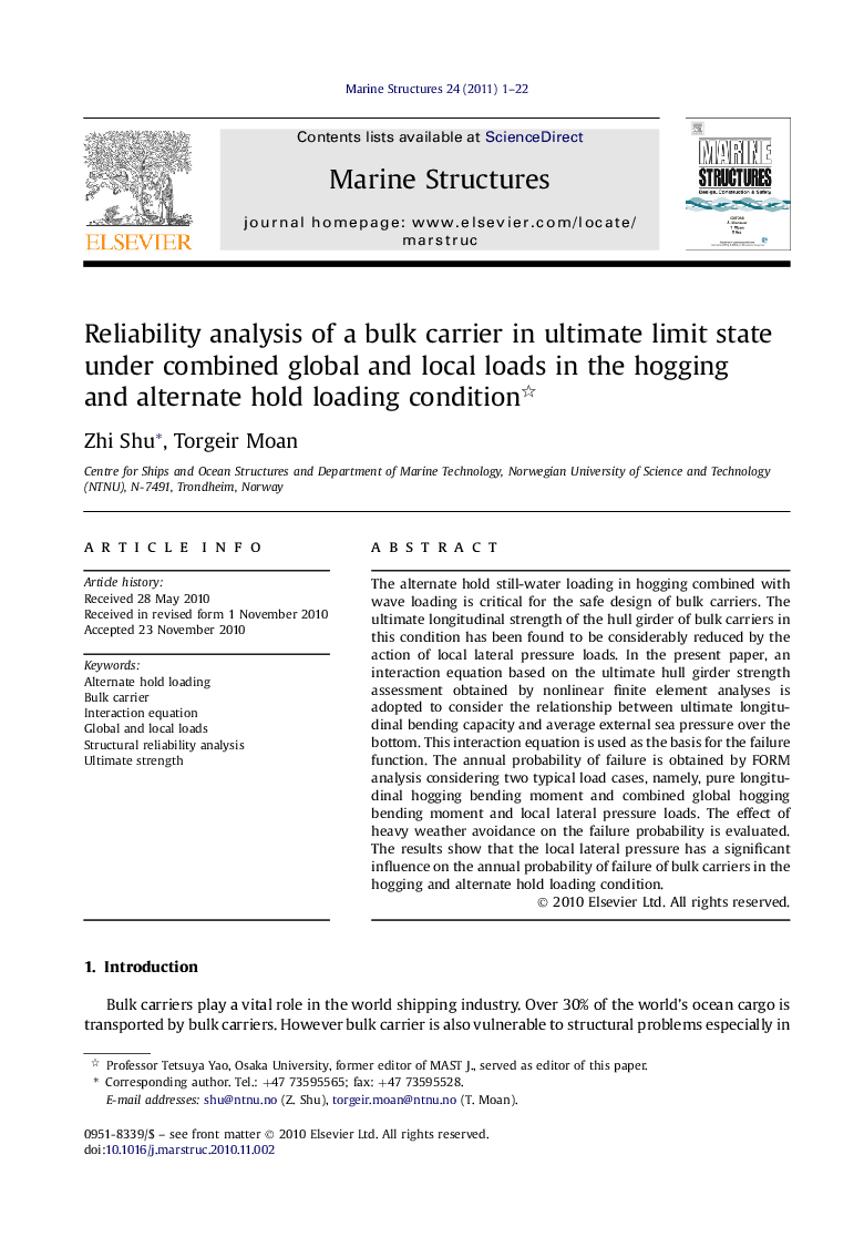 Reliability analysis of a bulk carrier in ultimate limit state under combined global and local loads in the hogging and alternate hold loading condition 