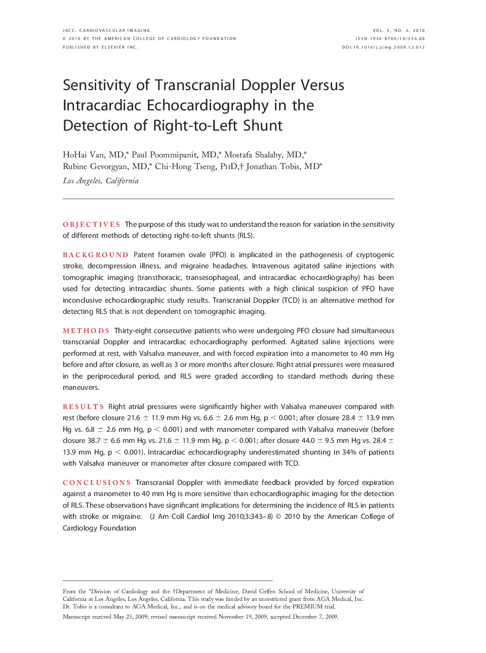 Sensitivity of Transcranial Doppler Versus Intracardiac Echocardiography in the Detection of Right-to-Left Shunt 