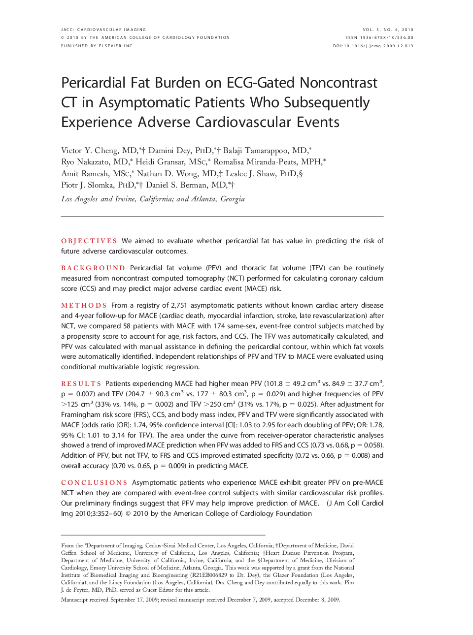 Pericardial Fat Burden on ECG-Gated Noncontrast CT in Asymptomatic Patients Who Subsequently Experience Adverse Cardiovascular Events 