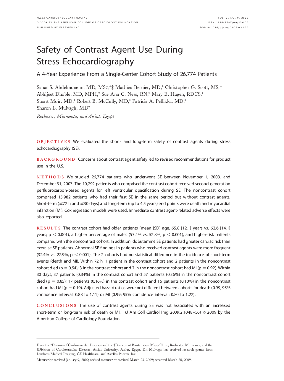 Safety of Contrast Agent Use During Stress Echocardiography : A 4-Year Experience From a Single-Center Cohort Study of 26,774 Patients