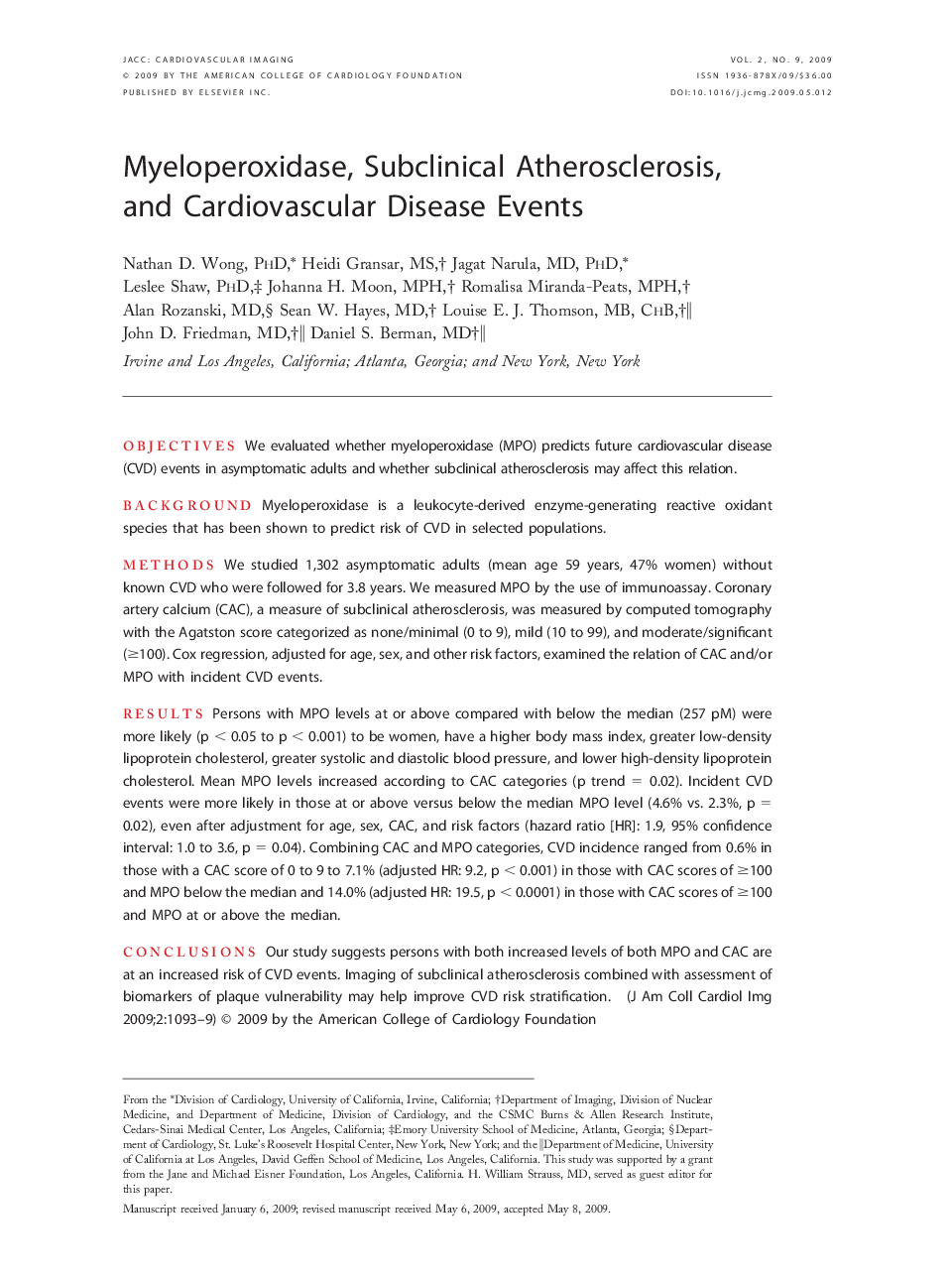 Myeloperoxidase, Subclinical Atherosclerosis, and Cardiovascular Disease Events 