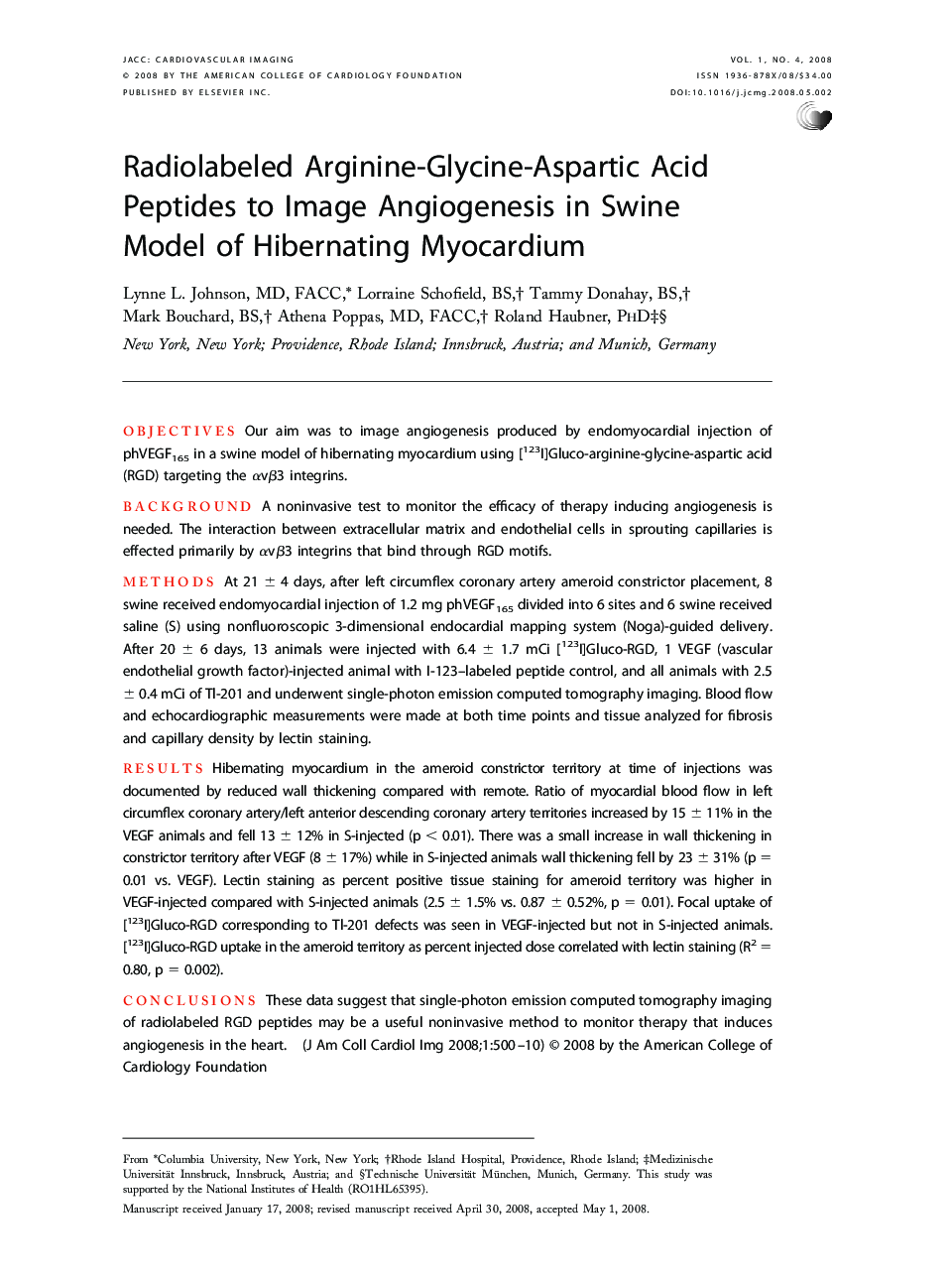 Radiolabeled Arginine-Glycine-Aspartic Acid Peptides to Image Angiogenesis in Swine Model of Hibernating Myocardium