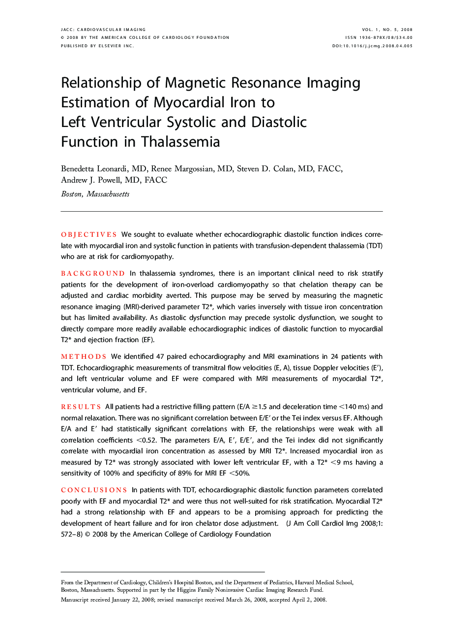 Relationship of Magnetic Resonance Imaging Estimation of Myocardial Iron to Left Ventricular Systolic and Diastolic Function in Thalassemia 