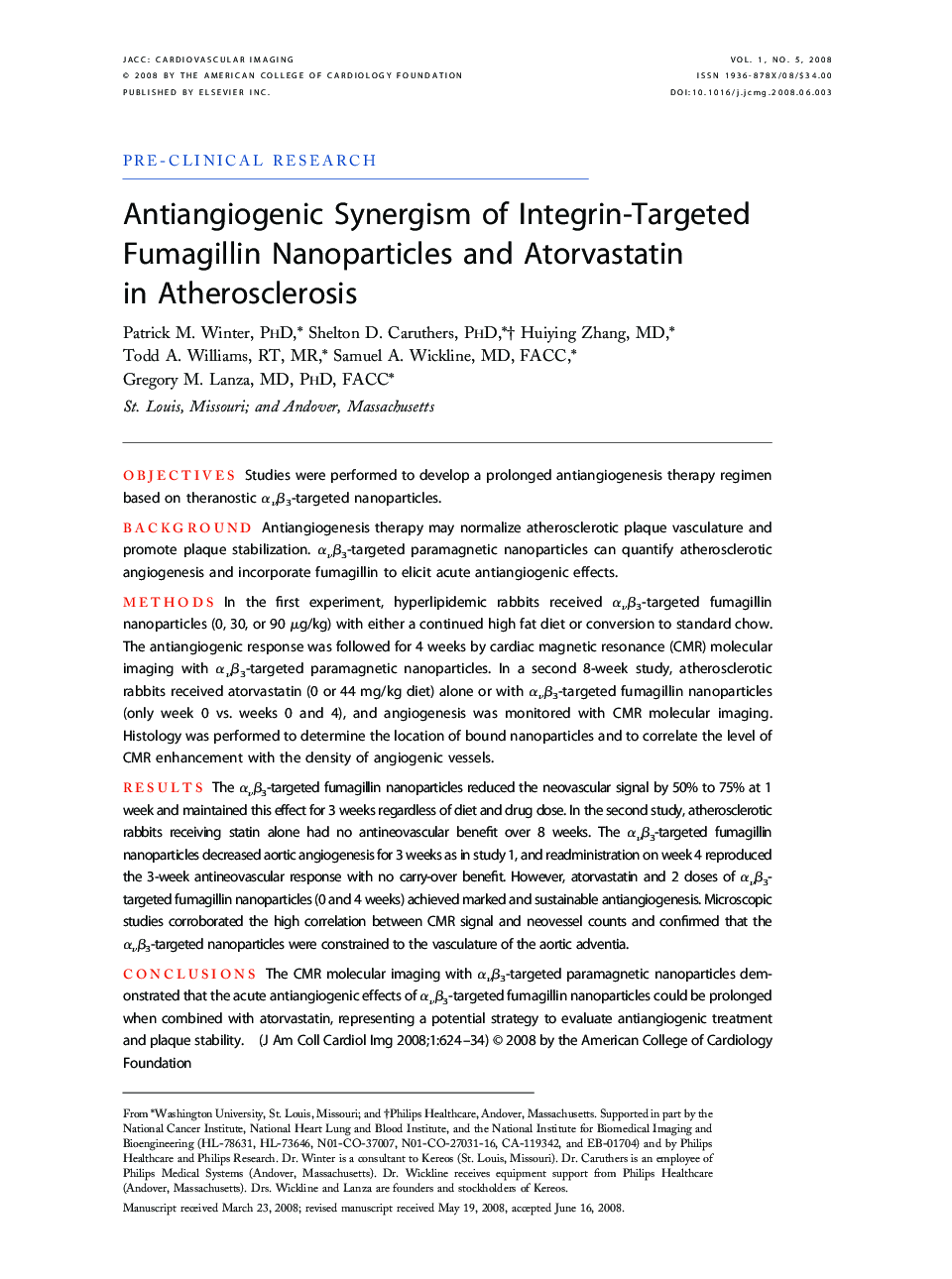 Antiangiogenic Synergism of Integrin-Targeted Fumagillin Nanoparticles and Atorvastatin in Atherosclerosis 