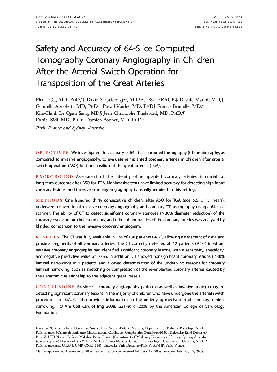 Safety and Accuracy of 64-Slice Computed Tomography Coronary Angiography in Children After the Arterial Switch Operation for Transposition of the Great Arteries