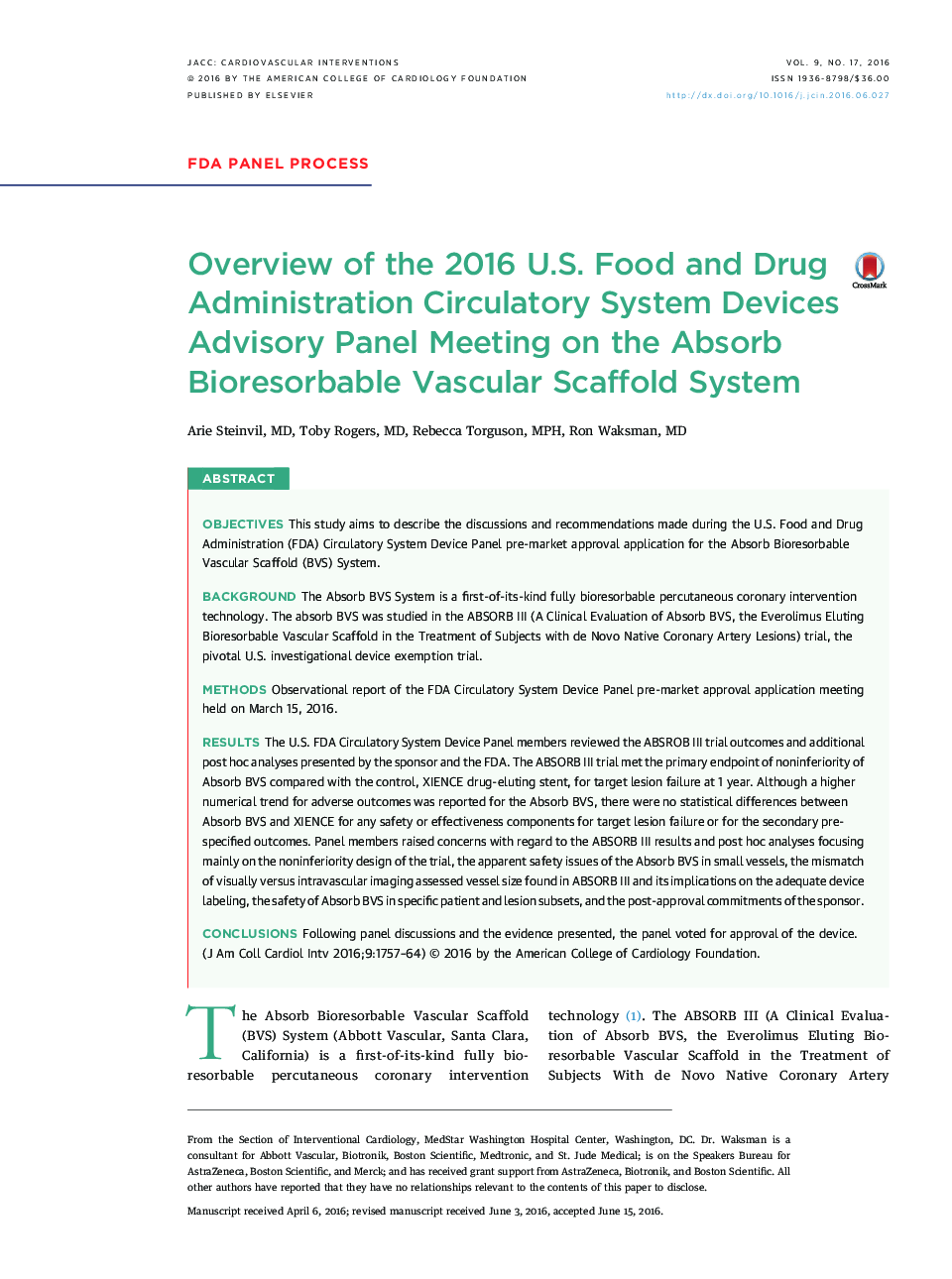 Overview of the 2016 U.S. Food and Drug Administration Circulatory System Devices Advisory Panel Meeting on the Absorb Bioresorbable Vascular Scaffold System 