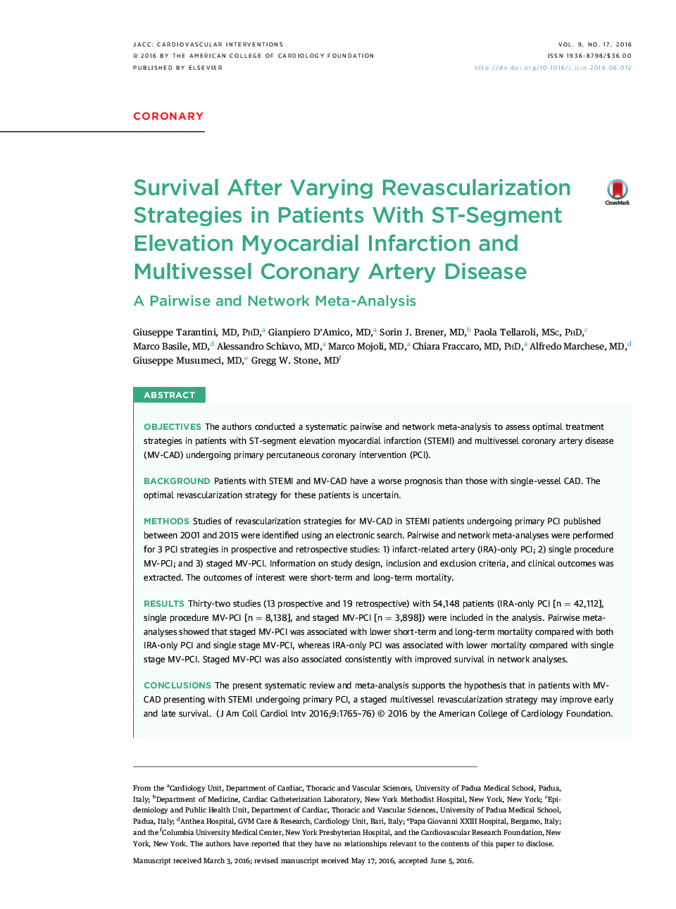 Survival After Varying Revascularization Strategies in Patients With ST-Segment Elevation Myocardial Infarction and Multivessel Coronary Artery Disease : A Pairwise and Network Meta-Analysis