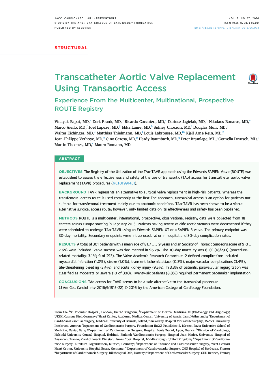 Transcatheter Aortic Valve Replacement Using Transaortic Access : Experience From the Multicenter, Multinational, Prospective ROUTE Registry