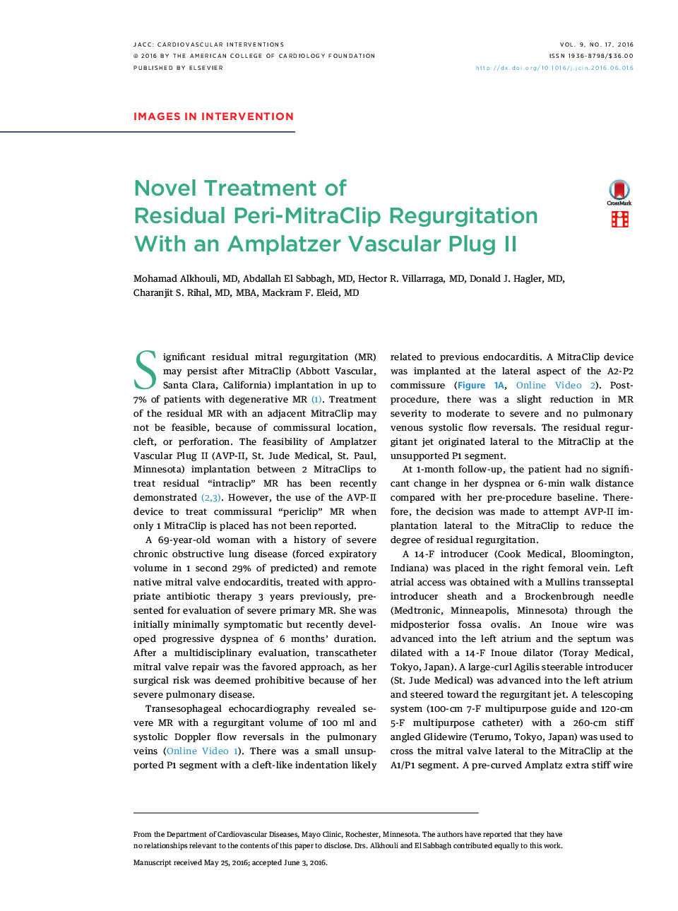 Novel Treatment of Residual Peri-MitraClip Regurgitation With an Amplatzer Vascular Plug II