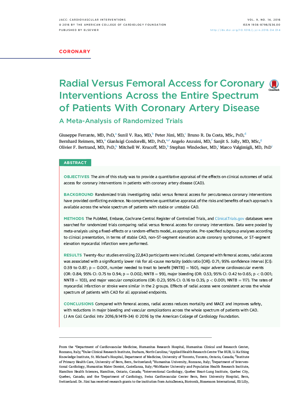 Radial Versus Femoral Access for Coronary Interventions Across the Entire Spectrum of Patients With Coronary Artery Disease : A Meta-Analysis of Randomized Trials