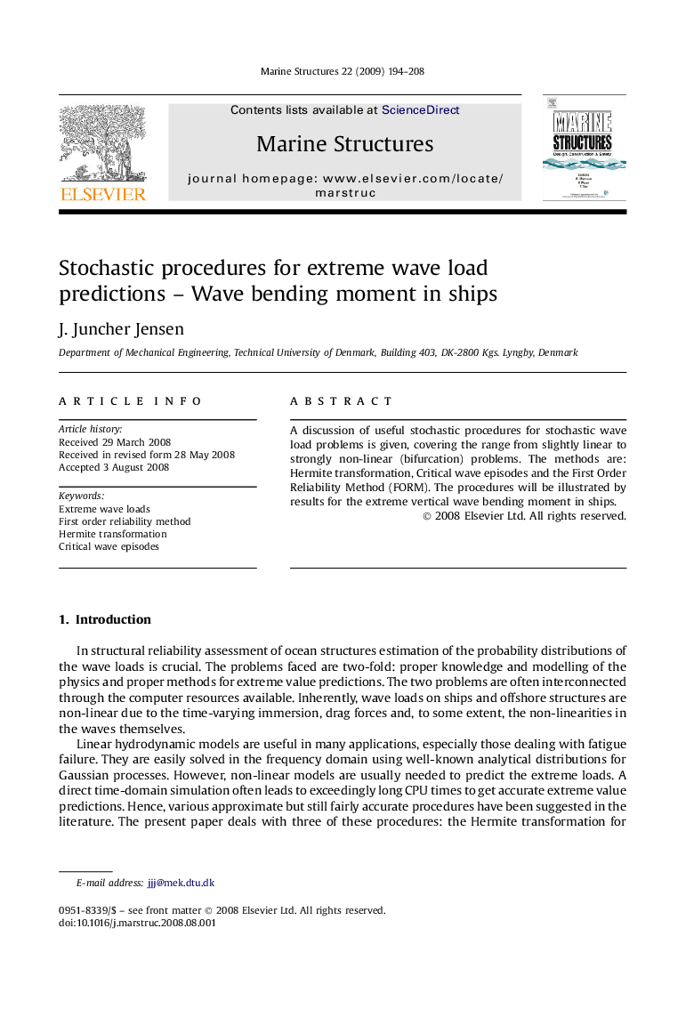 Stochastic procedures for extreme wave load predictions – Wave bending moment in ships