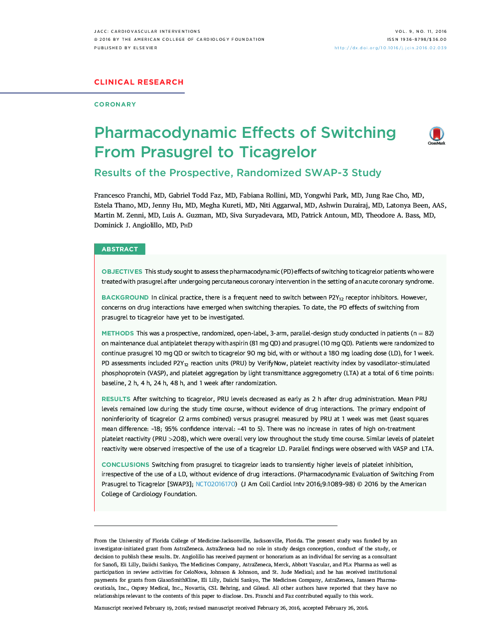 Pharmacodynamic Effects of Switching From Prasugrel to Ticagrelor : Results of the Prospective, Randomized SWAP-3 Study