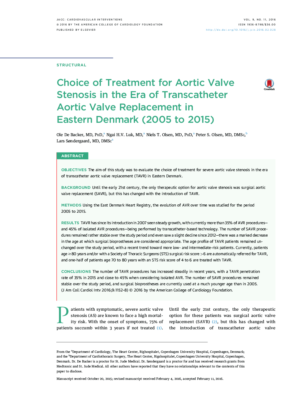 Choice of Treatment for Aortic Valve Stenosis in the Era of Transcatheter Aortic Valve Replacement in Eastern Denmark (2005 to 2015) 