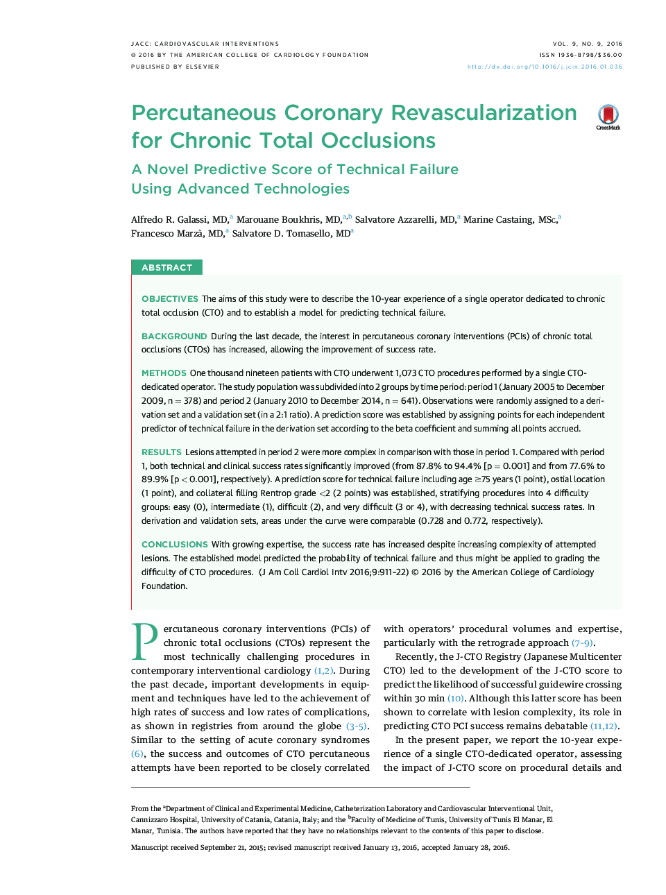 Percutaneous Coronary Revascularization for Chronic Total Occlusions : A Novel Predictive Score of Technical Failure Using Advanced Technologies