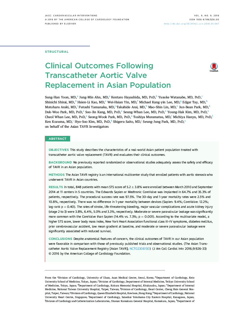 Clinical Outcomes Following Transcatheter Aortic Valve Replacement in Asian Population 