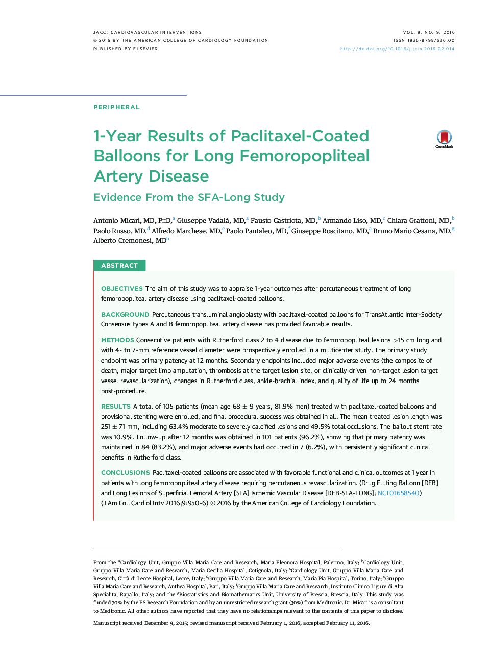 1-Year Results of Paclitaxel-Coated Balloons for Long Femoropopliteal Artery Disease : Evidence From the SFA-Long Study