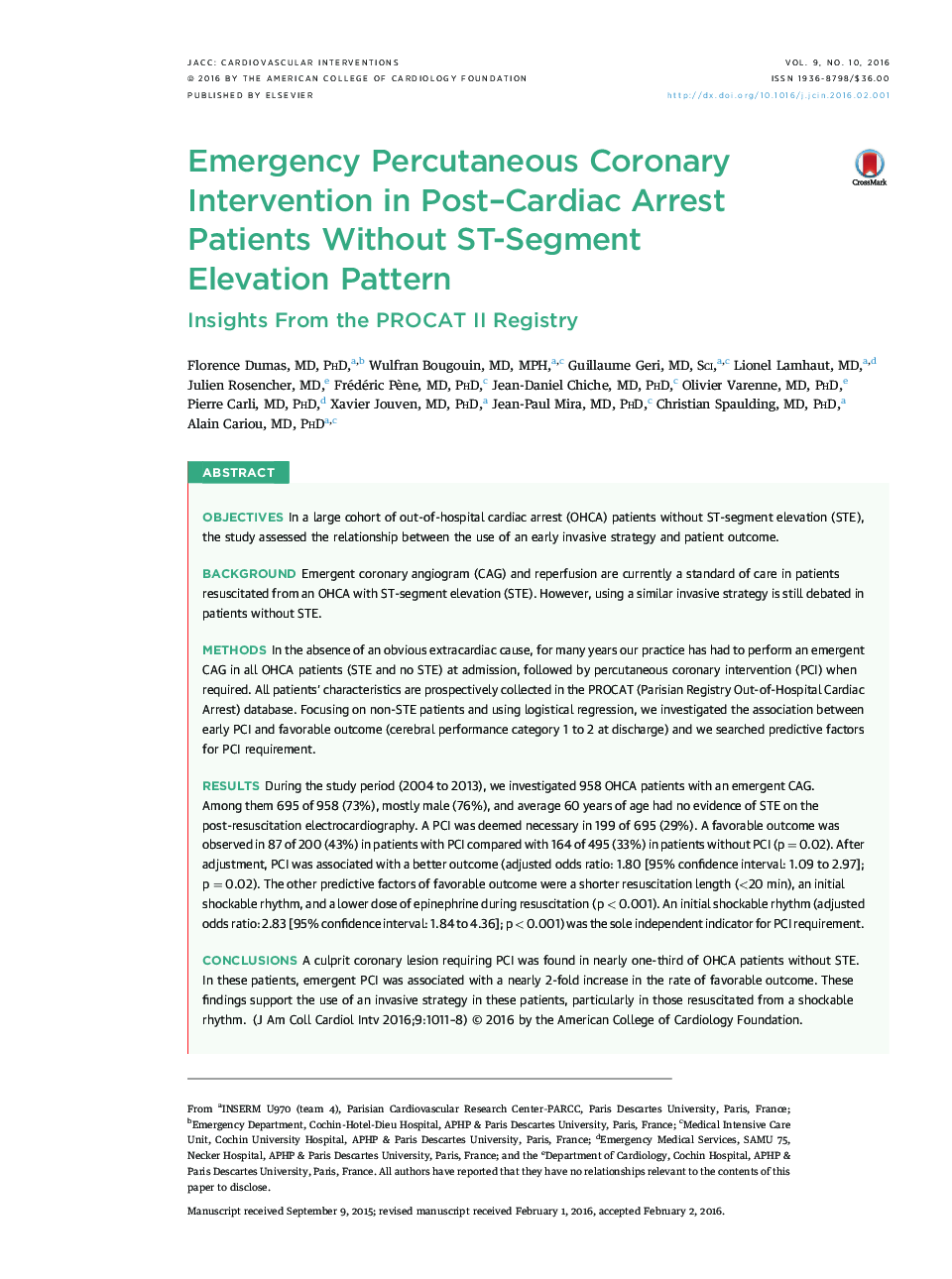 Emergency Percutaneous Coronary Intervention in Post–Cardiac Arrest Patients Without ST-Segment Elevation Pattern : Insights From the PROCAT II Registry