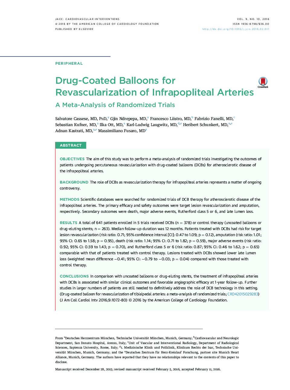 Drug-Coated Balloons for Revascularization of Infrapopliteal Arteries : A Meta-Analysis of Randomized Trials