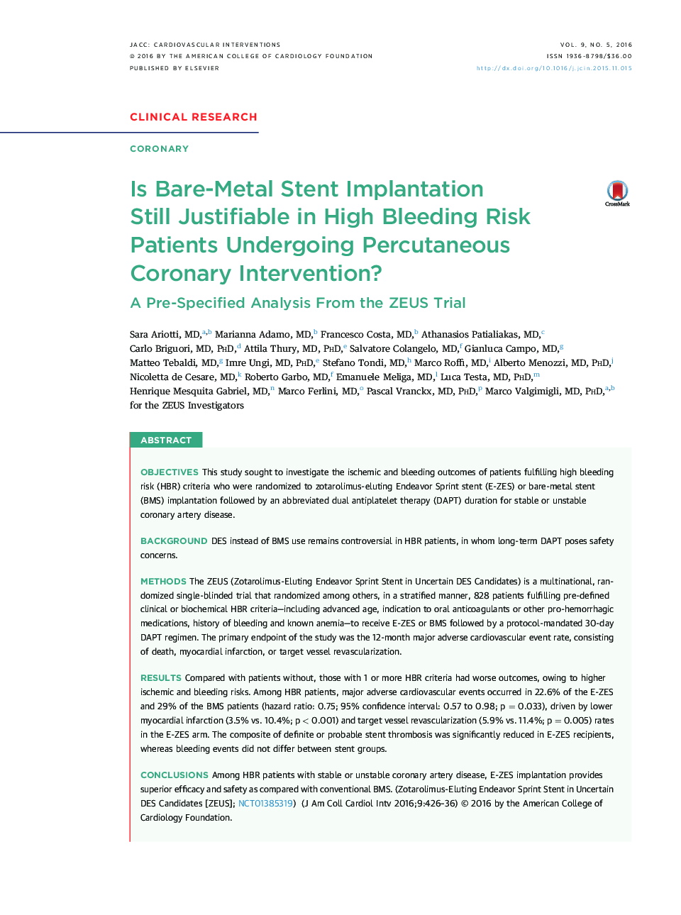 Is Bare-Metal Stent Implantation Still Justifiable in High Bleeding Risk Patients Undergoing Percutaneous Coronary Intervention? : A Pre-Specified Analysis From the ZEUS Trial