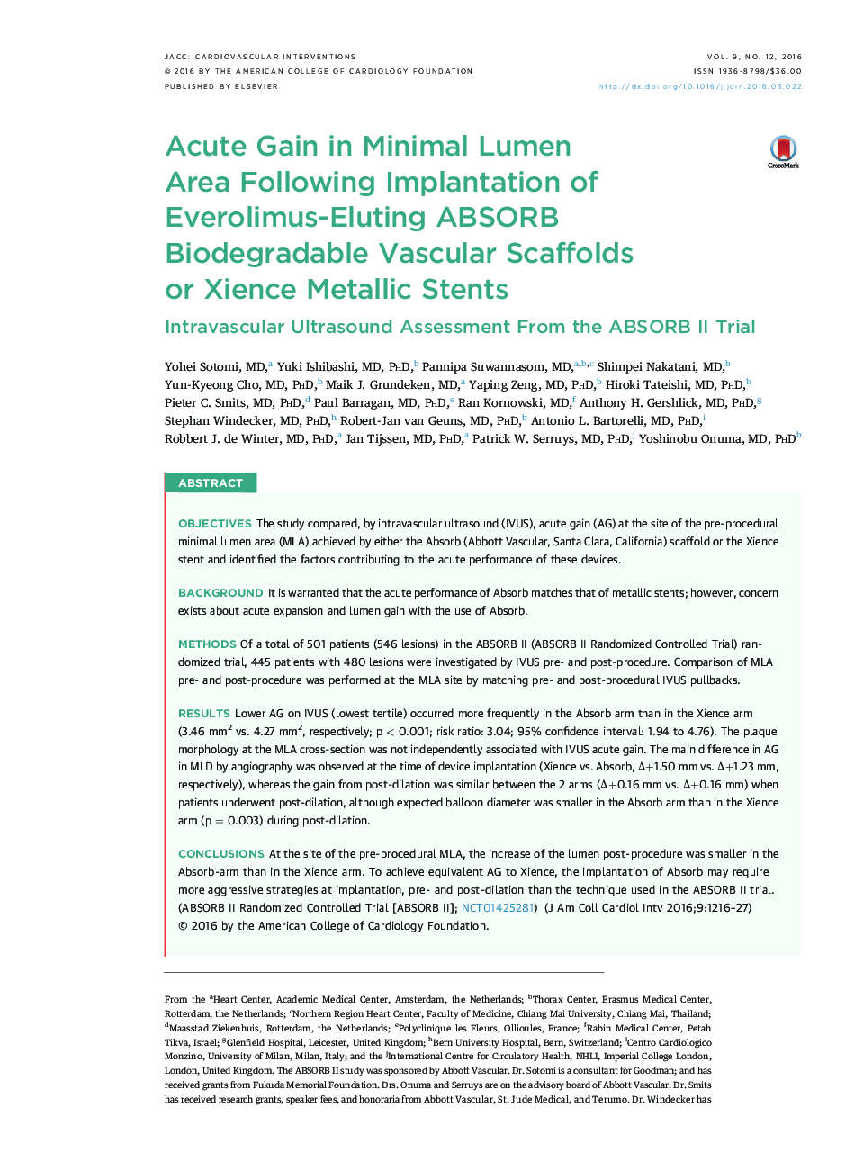 Acute Gain in Minimal Lumen Area Following Implantation of Everolimus-Eluting ABSORB Biodegradable Vascular Scaffolds or Xience Metallic Stents : Intravascular Ultrasound Assessment From the ABSORB II Trial