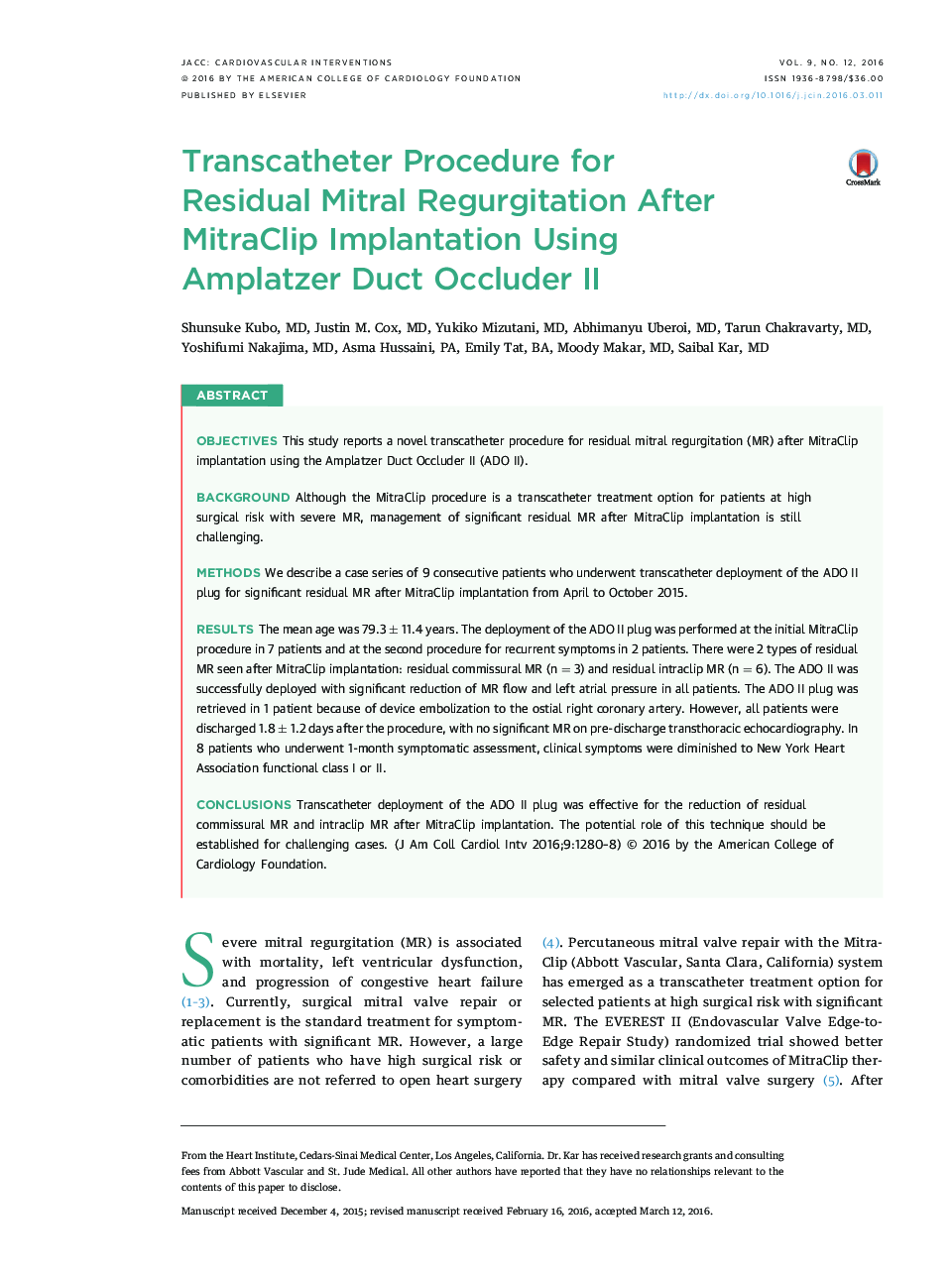 Transcatheter Procedure for Residual Mitral Regurgitation After MitraClip Implantation Using Amplatzer Duct Occluder II 