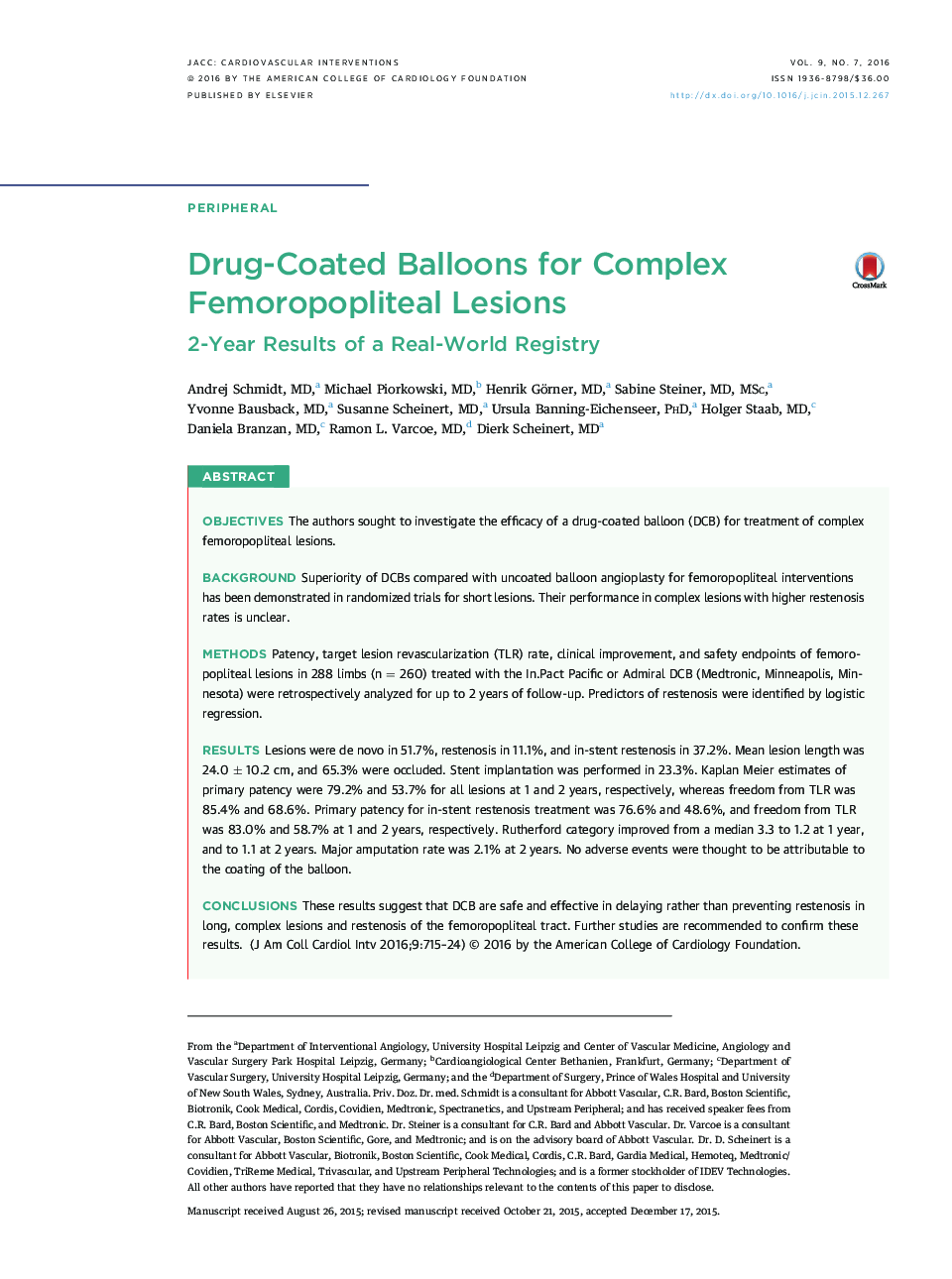 Drug-Coated Balloons for Complex Femoropopliteal Lesions : 2-Year Results of a Real-World Registry