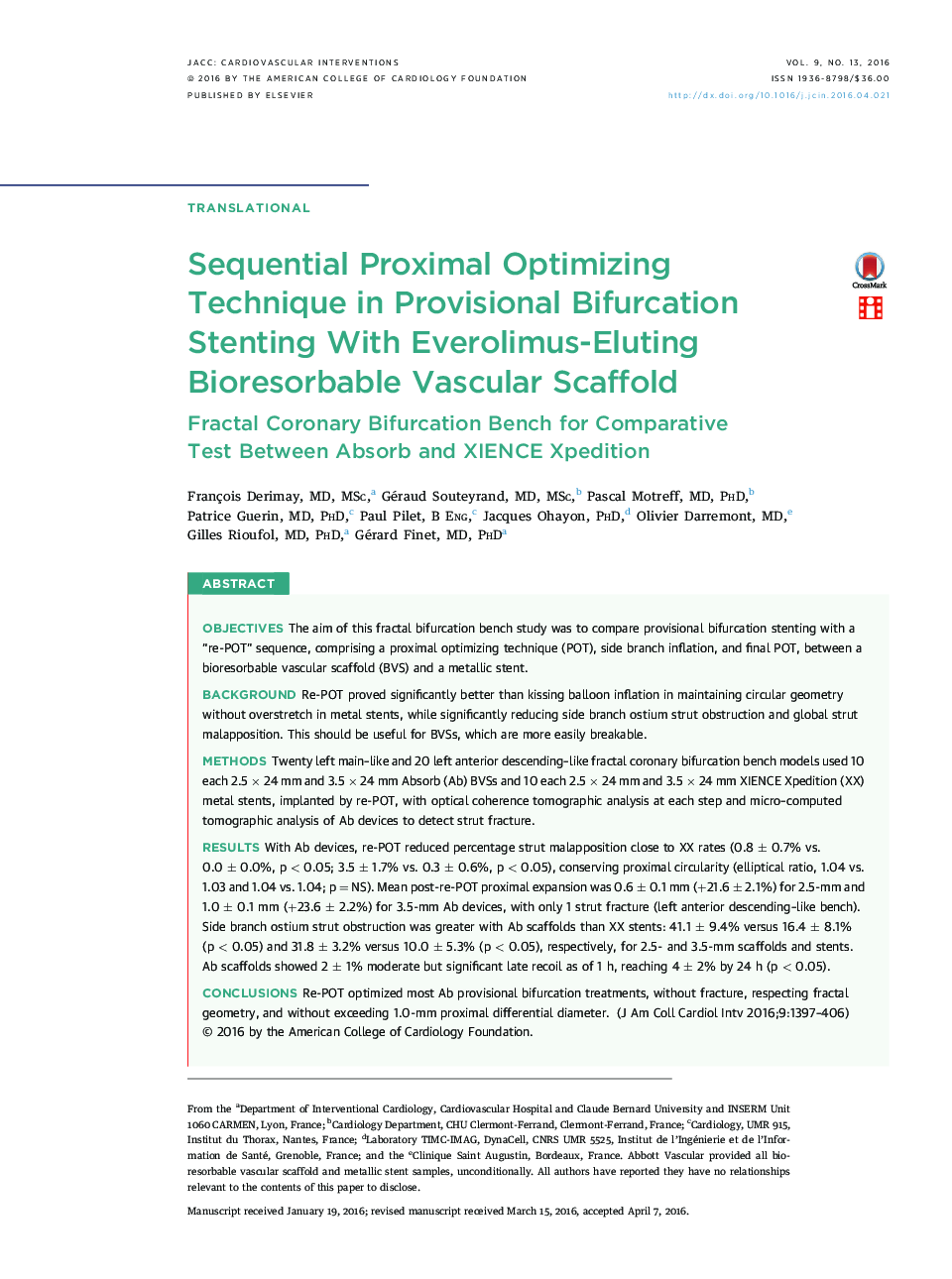 Sequential Proximal Optimizing Technique in Provisional Bifurcation Stenting With Everolimus-Eluting Bioresorbable Vascular Scaffold : Fractal Coronary Bifurcation Bench for Comparative Test Between Absorb and XIENCE Xpedition