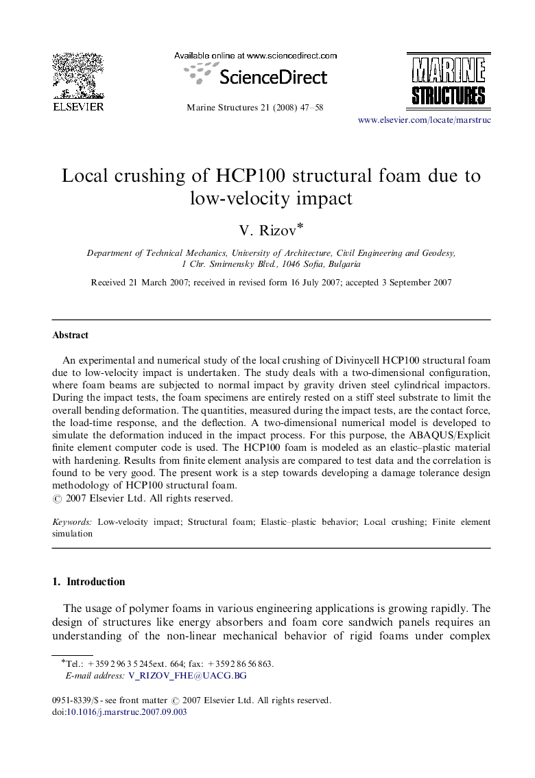 Local crushing of HCP100 structural foam due to low-velocity impact